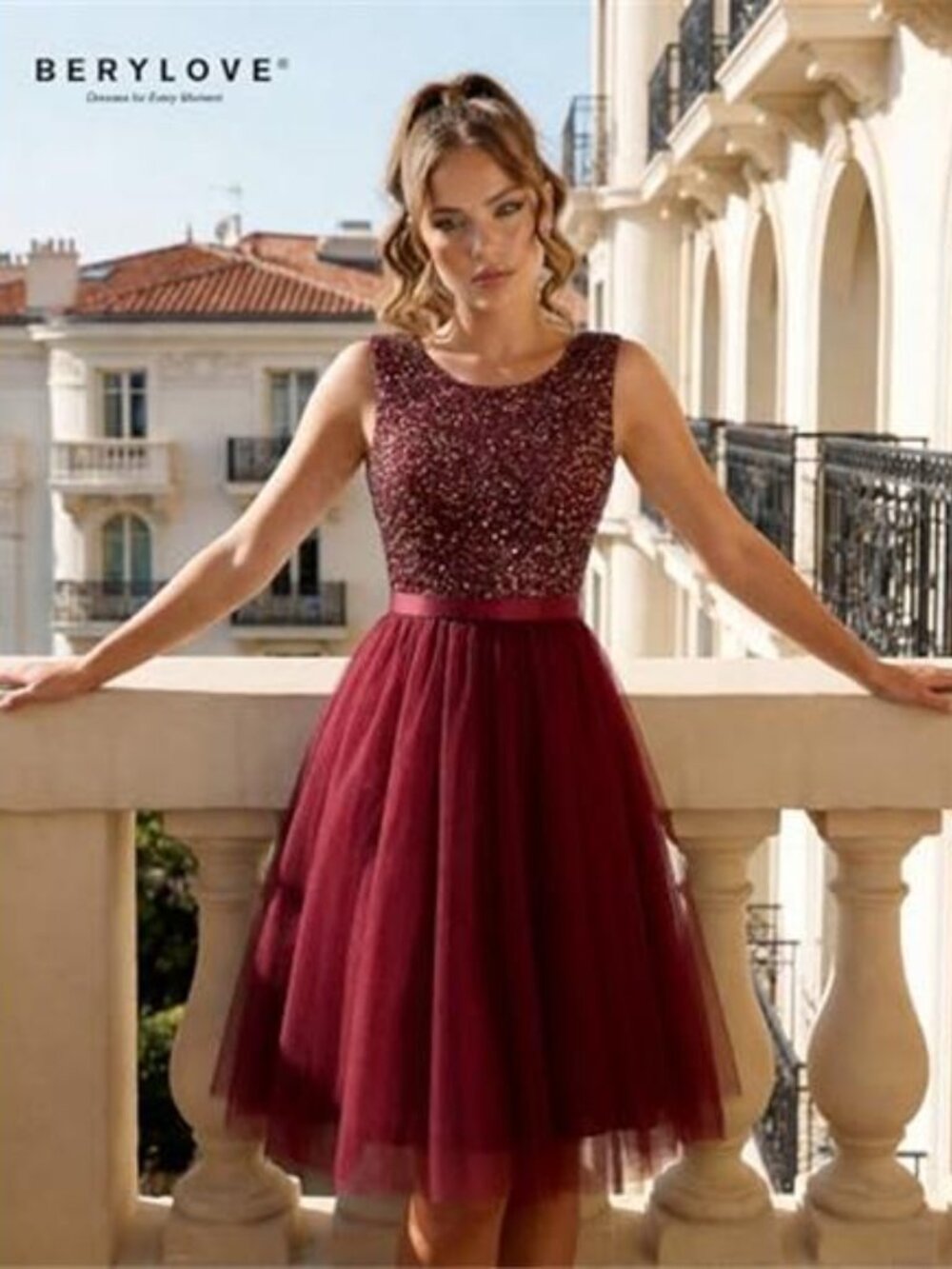 Sequin Dress Vintage A Line Wedding Formal Swing Tulle Dress Burgandy - Picture 3 of 6
